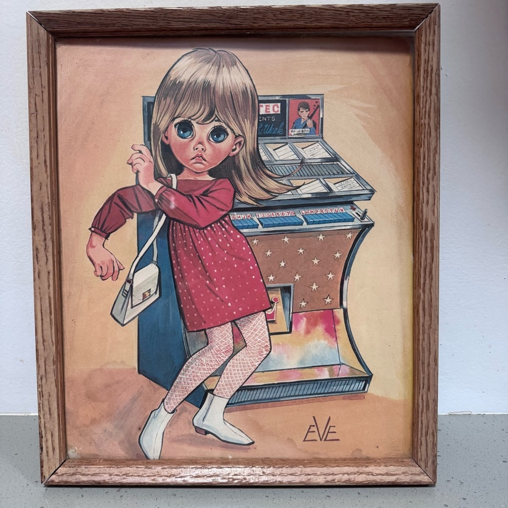 Vintage Big-Eyed Girl Print “Eve” Retro Framed Art Mid-Century Style